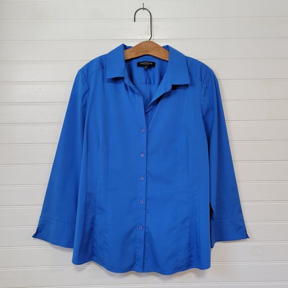 Lafayette 148 Size 10 Long Sleeve Button Up Cobalt Blue Professional Pleated Top - Picture 1 of 7